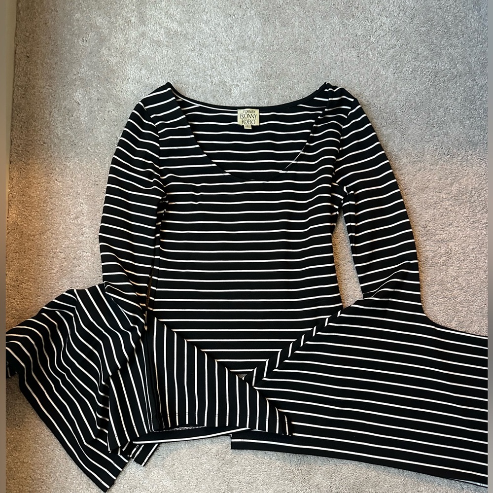 Torn by Ronny Kobo striped black and white bell sleeve top